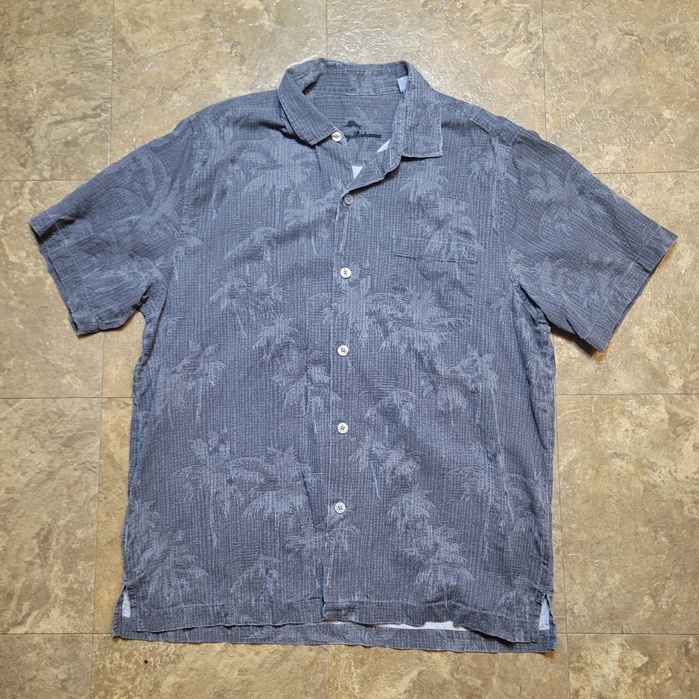 Tommy Bahama Silk Camp Shirt Mens Large L Gray SS Floral Hawaiian Resortwear